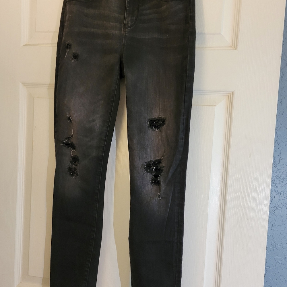 White House Black Market Distressed Black Women's Skinny Jeans Size 0 - Picture 6 of 14